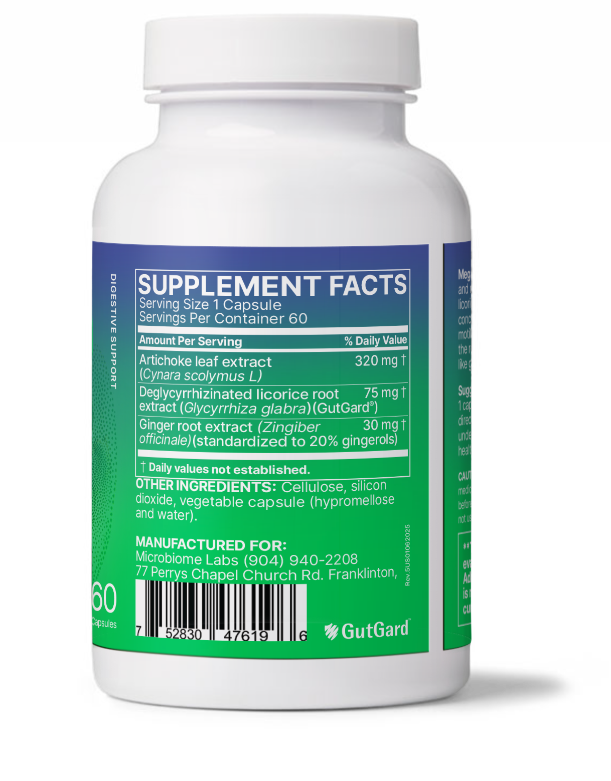 MegaGuard supplement facts label featuring Herbal Aid for Slow Gastric Emptying ingredients list.