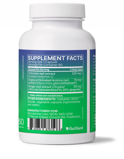 MegaGuard supplement facts label featuring Herbal Aid for Slow Gastric Emptying ingredients list.