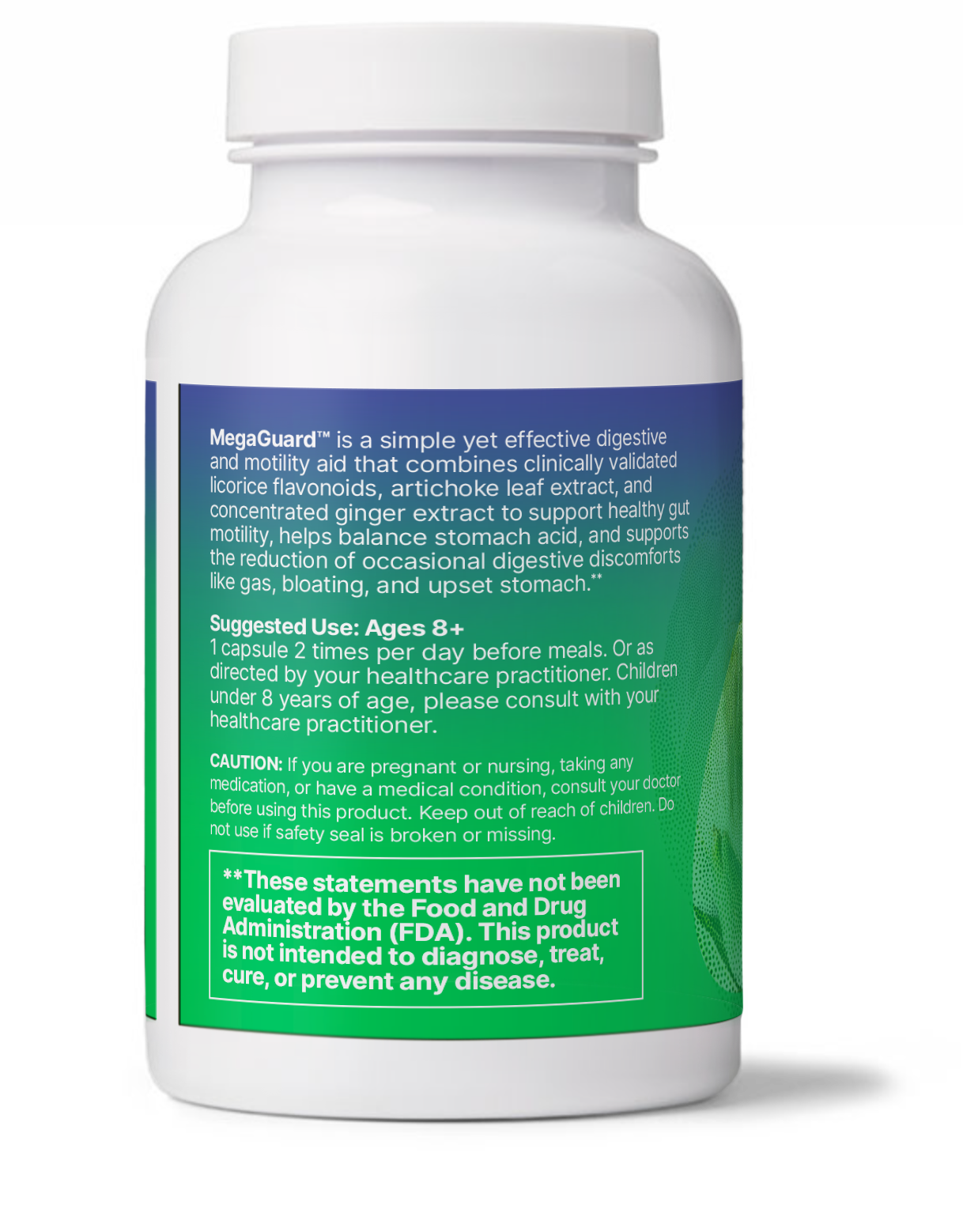 MegaGuard Herbal Aid for Slow Gastric Emptying supplement bottle with label detailing ingredients and usage instructions.