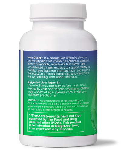 MegaGuard Herbal Aid for Slow Gastric Emptying supplement bottle with label detailing ingredients and usage instructions.