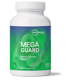 MegaGuard Herbal Aid for Slow Gastric Emptying in a white bottle with green label, 60 capsules.