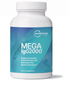 Mega IgG2000 bottle highlighting Serum Derived Immunoglobulin for immune support and gut health.