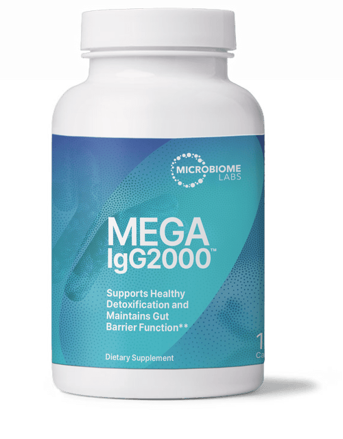 Mega IgG2000 bottle highlighting Serum Derived Immunoglobulin for immune support and gut health.