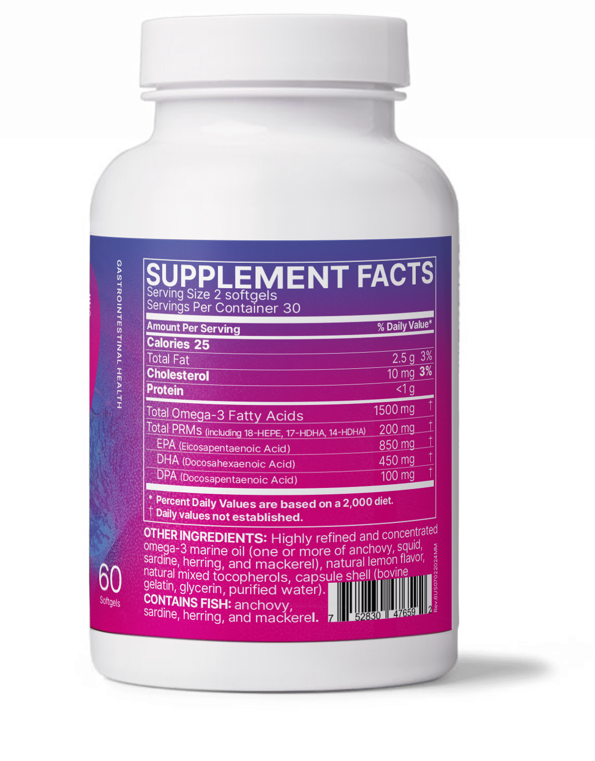 Supplement facts for MegaMarine showing Concentrated EPA DHA and DPA Blend with nutritional information and servings.