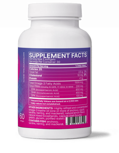 Supplement facts for MegaMarine showing Concentrated EPA DHA and DPA Blend with nutritional information and servings.