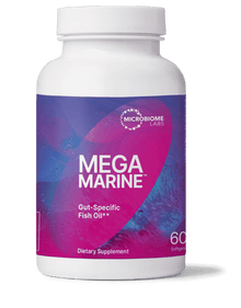 MegaMarine concentrated EPA DHA and DPA Blend dietary supplement bottle by Microbiome Labs.