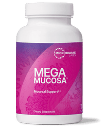 MegaMucosa dietary supplement bottle for immune and mucosal barrier support from Microbiome Labs.