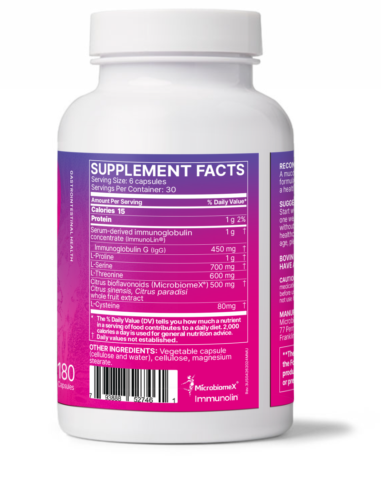 MegaMucosa supplement facts showing Immune and Mucosal Barrier Support ingredients in capsule form.