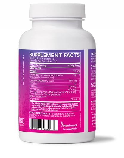 MegaMucosa supplement facts showing Immune and Mucosal Barrier Support ingredients in capsule form.