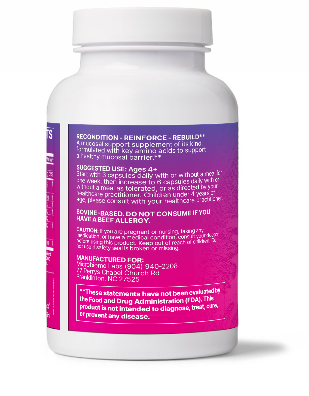 MegaMucosa dietary supplement bottle for Immune and Mucosal Barrier Support, featuring capsules for gut health.