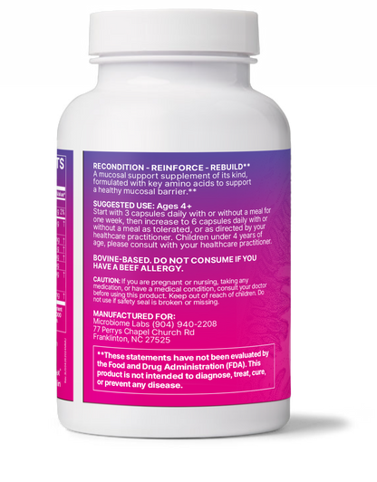 MegaMucosa dietary supplement bottle for Immune and Mucosal Barrier Support, featuring capsules for gut health.