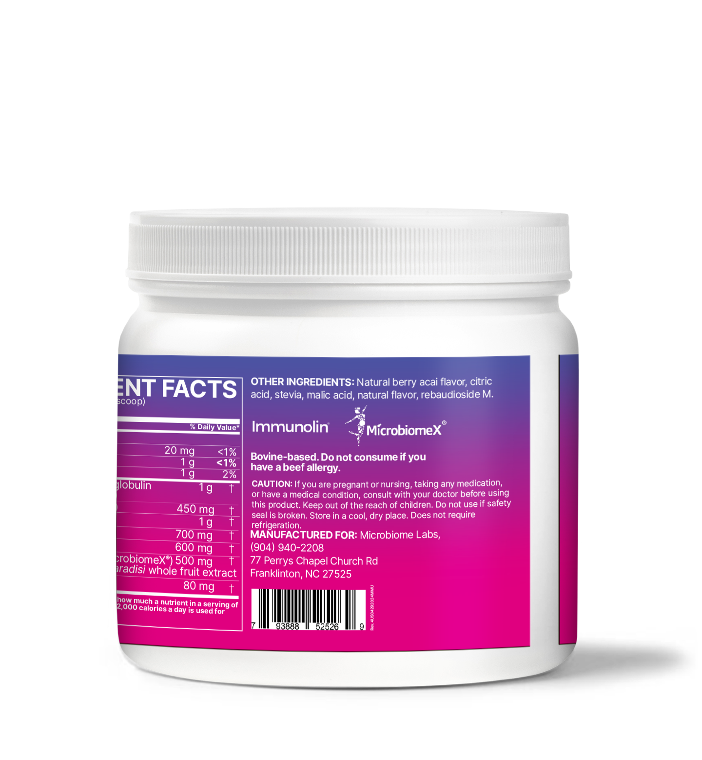 MegaMucosa product container showing ingredient facts, designed for Immune and Mucosal Barrier Support.