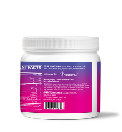 MegaMucosa product container showing ingredient facts, designed for Immune and Mucosal Barrier Support.