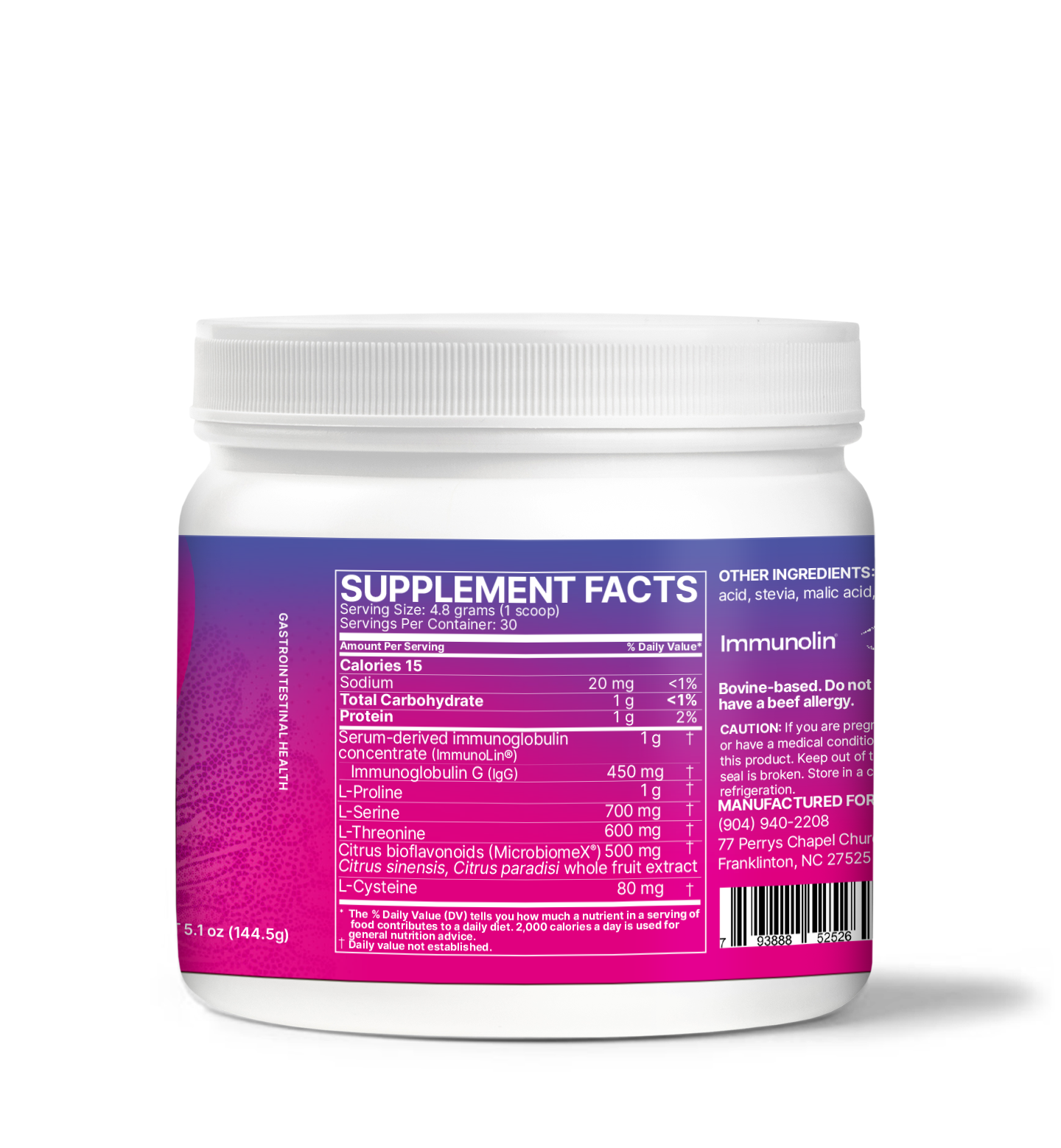 MegaMucosa supplement container with nutritional facts, supporting Immune and Mucosal Barrier Support.