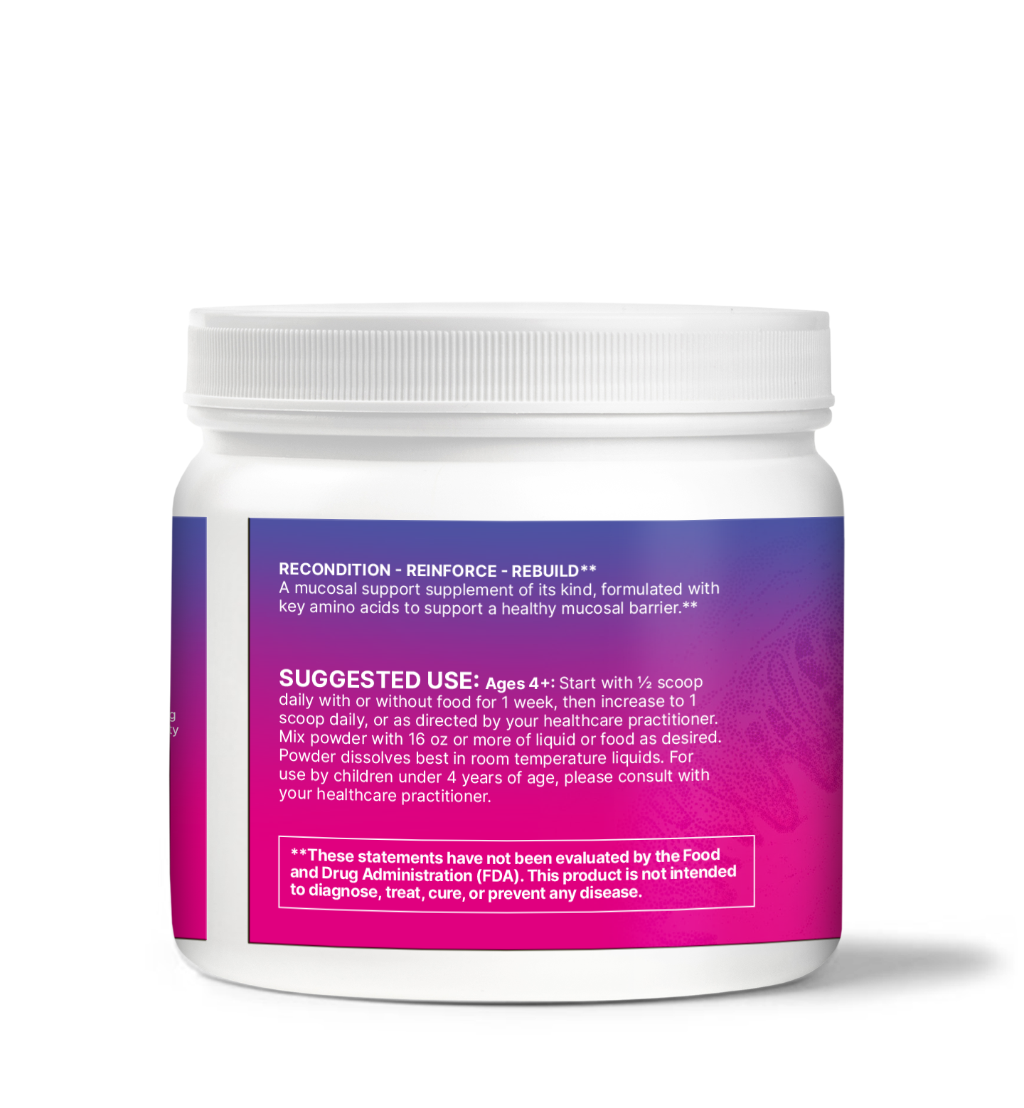 MegaMucosa product container showcasing Immune and Mucosal Barrier Support supplement details and suggested use.