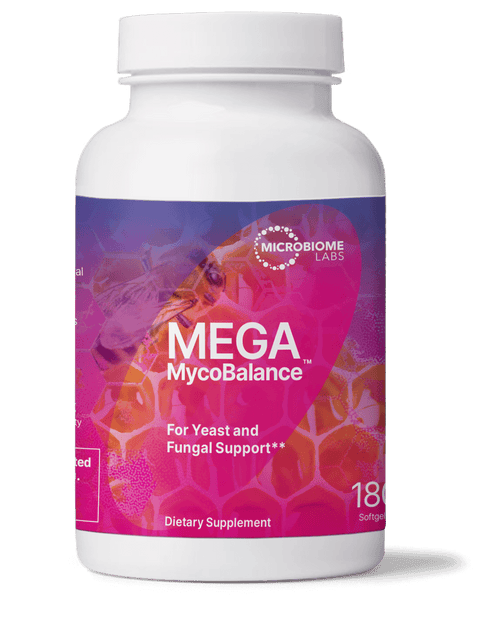 Mega MycoBalance supplement bottle with Bee propolis with Undecylenic Acid for microbial support.