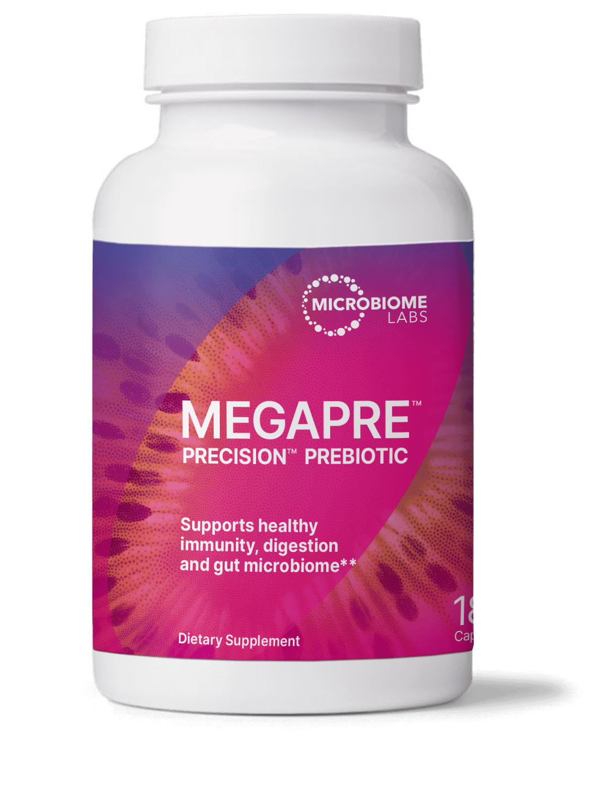 MegaPre Precision Prebiotics for Microbiome Diversity and Digestive Health dietary supplement bottle.