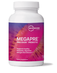 MegaPre Precision Prebiotics for Microbiome Diversity and Digestive Health dietary supplement bottle.