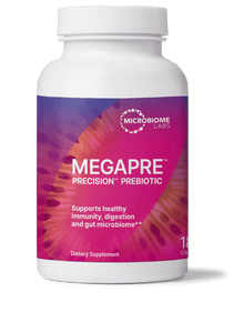 MegaPre Precision Prebiotics for Microbiome Diversity and Digestive Health dietary supplement bottle.