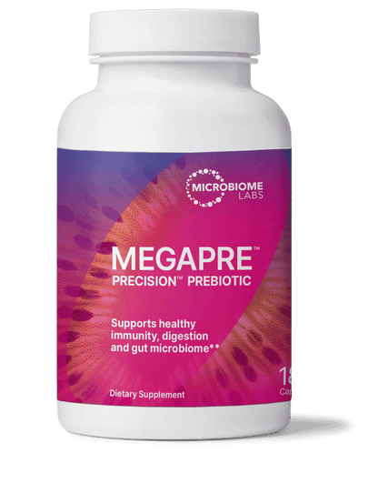 MegaPre Precision Prebiotics for Microbiome Diversity and Digestive Health dietary supplement bottle.