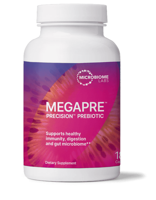 MegaPre Precision Prebiotics for Microbiome Diversity and Digestive Health dietary supplement bottle.