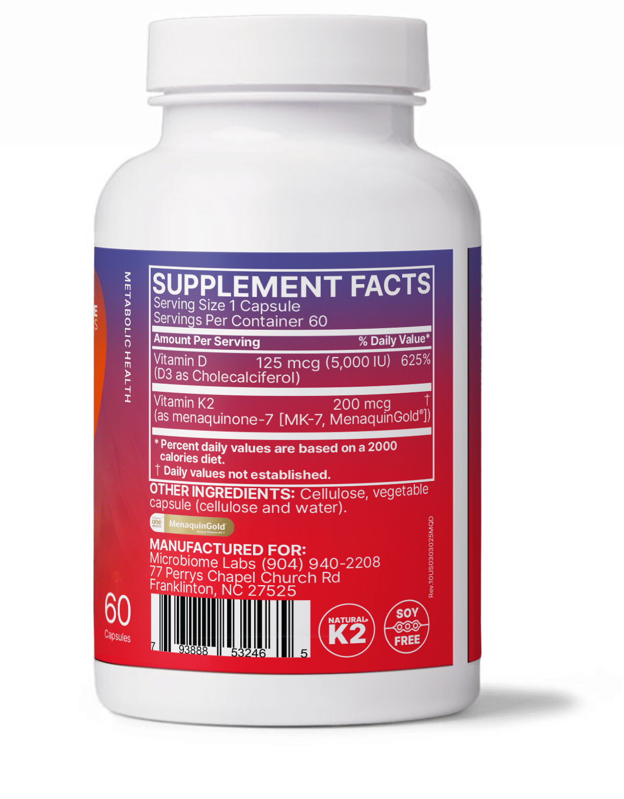 MegaQuin K2 + D3 supplement facts label featuring Pharmaceutical Grade Vitamin D3 and K2 for bone health.