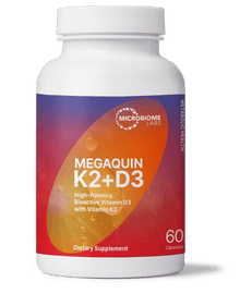 MegaQuin K2 + D3 supplement bottle featuring Pharmaceutical Grade Vitamin D3 and K2.