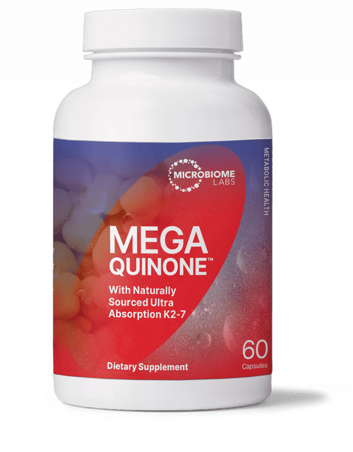MegaQuinone Full Spectrum Vitamin K1 and K2 Supplement bottle with 60 capsules from Microbiome Labs.