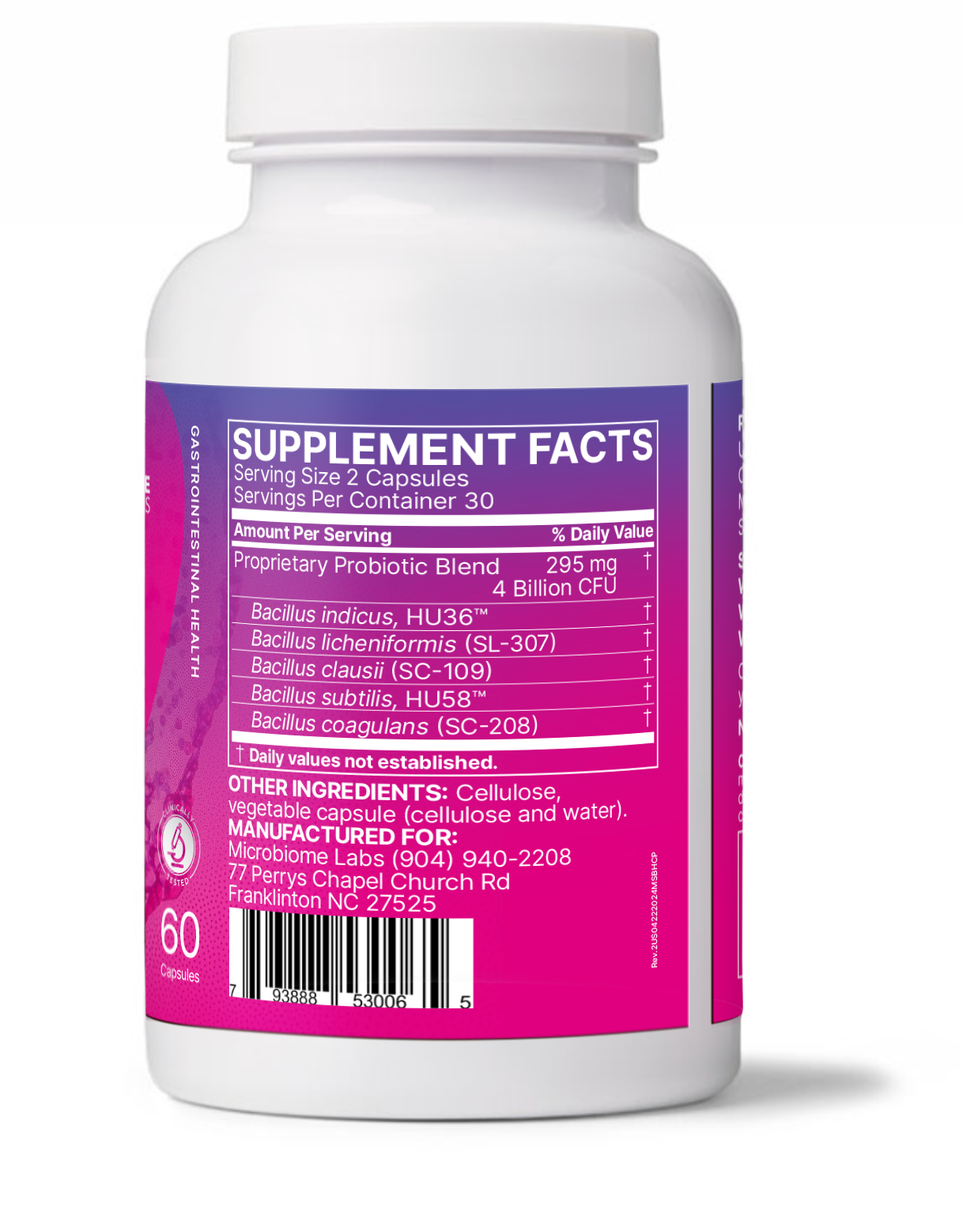 Supplement facts label for MegaSporeBiotic spore based probiotic with Bacillus strains.