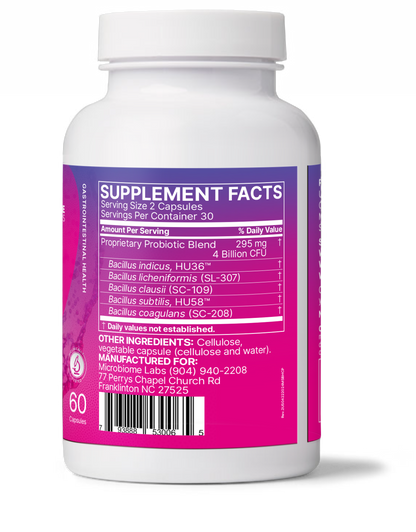Supplement facts label for MegaSporeBiotic spore based probiotic with Bacillus strains.