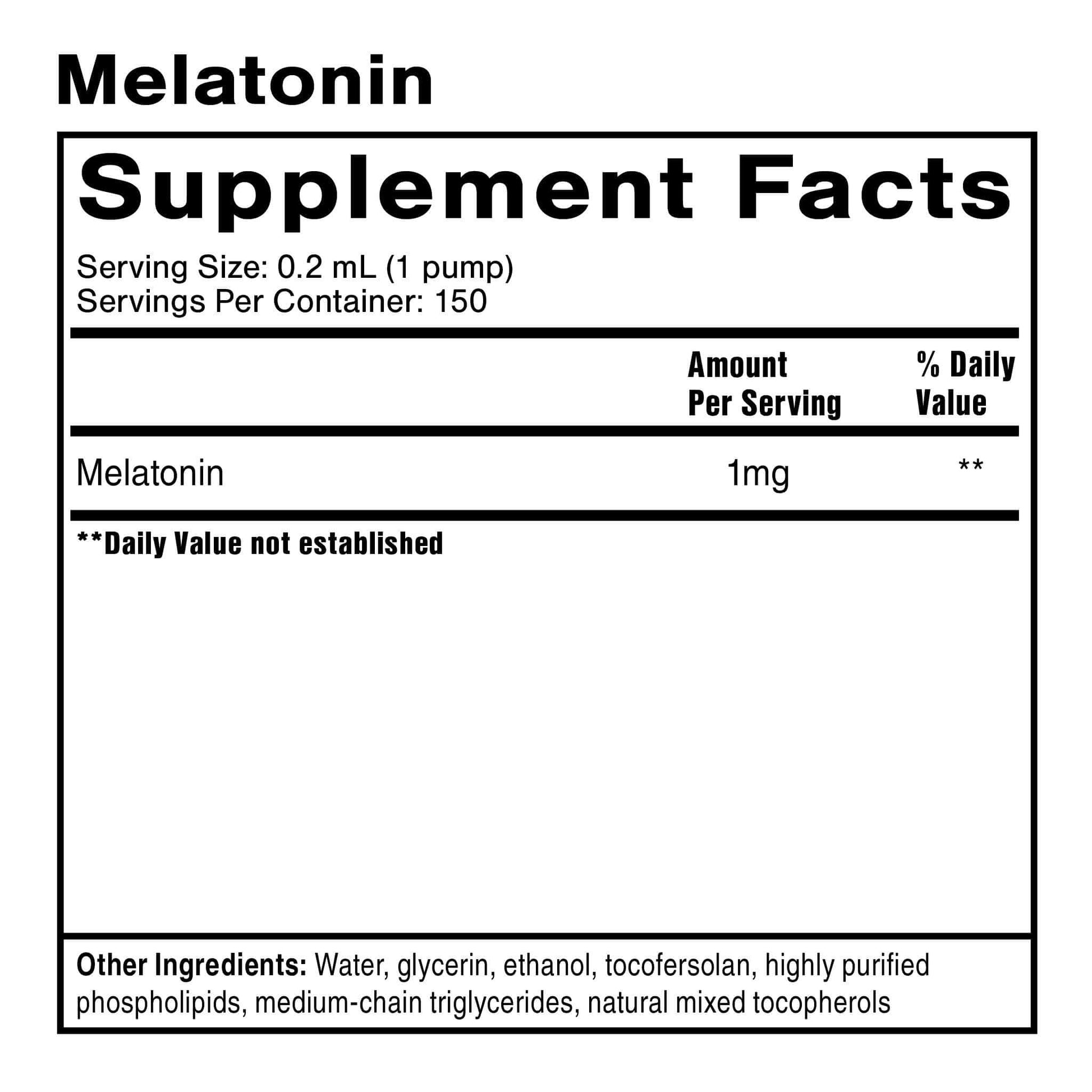 Supplement Facts for Nanoemulsified Melatonin Liquid, showing 1mg of Melatonin per serving size.