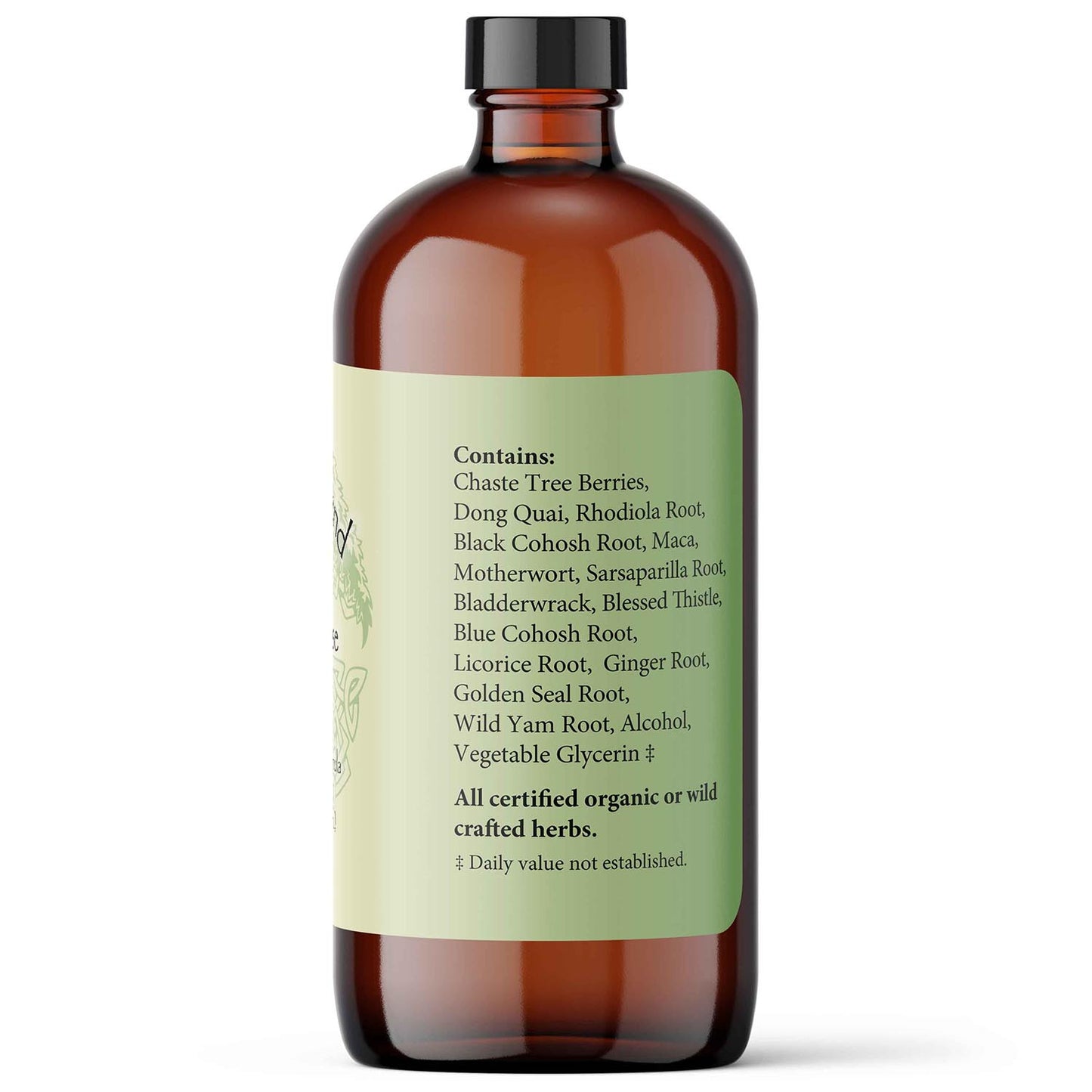 Brown glass bottle with a label on a white background