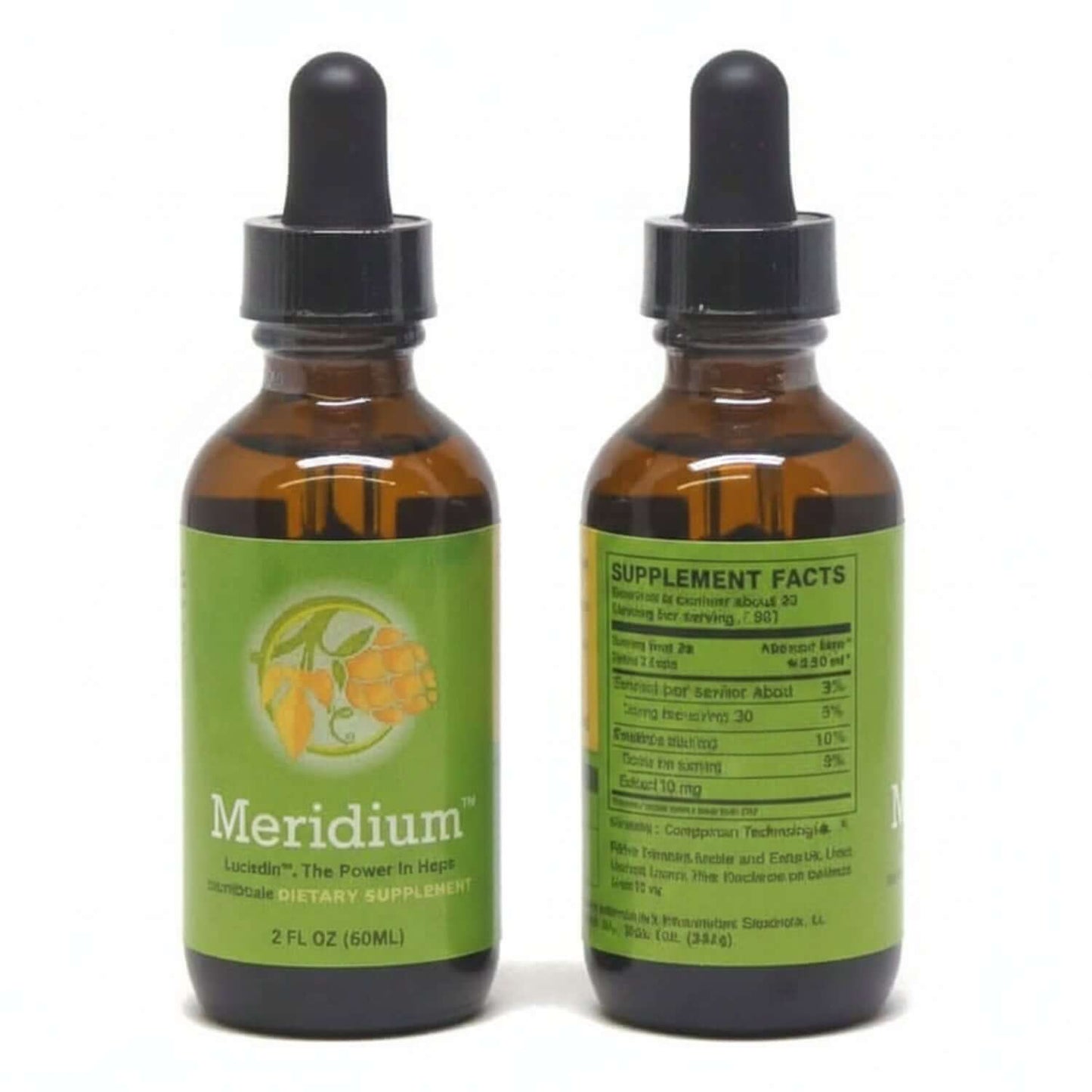 Meridium natural oxytocin support supplement bottle with detailed supplement facts label.