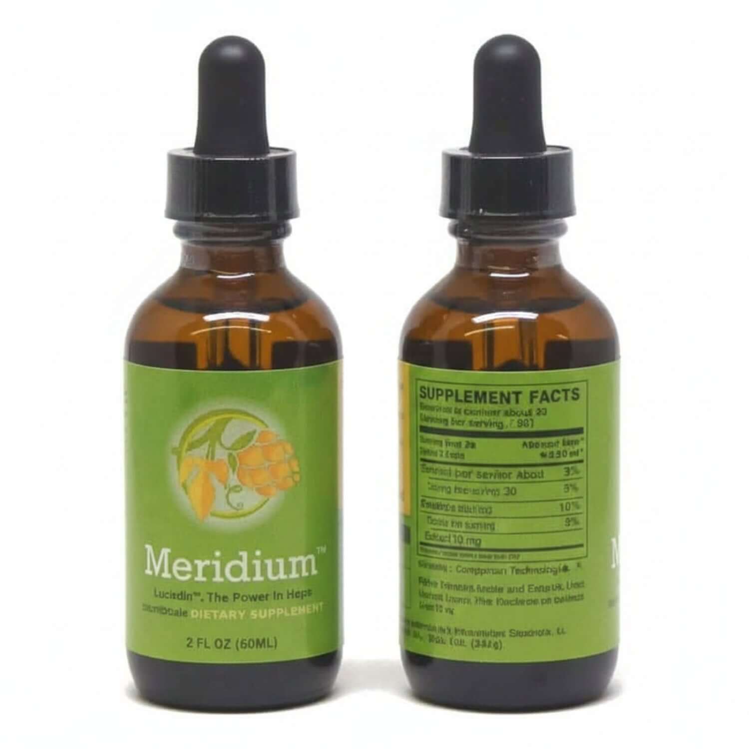 Meridium natural oxytocin support supplement bottle with detailed supplement facts label.