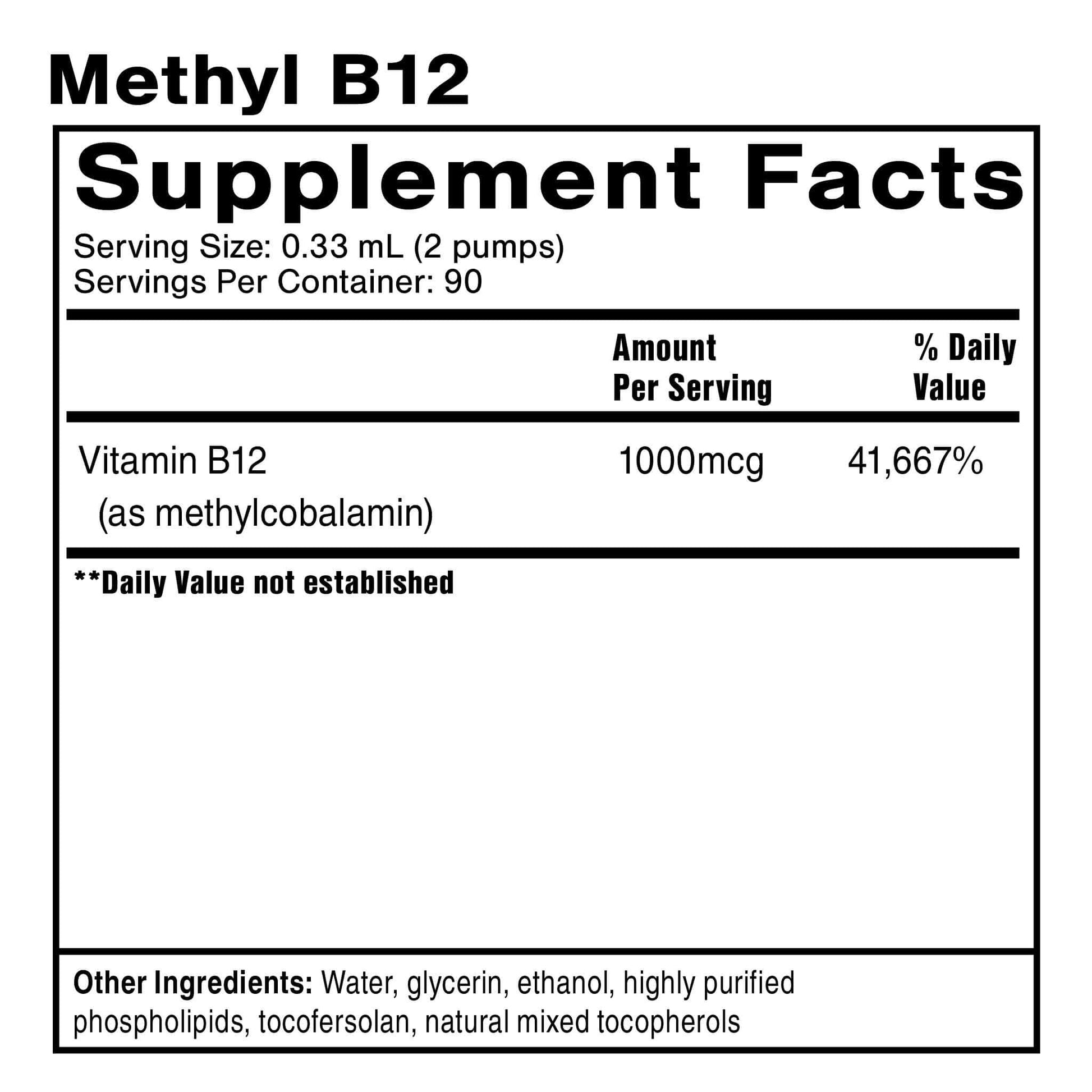 Supplement facts label for Methyl B12 with serving size and vitamin B12 content.