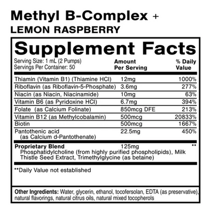 Supplement label for Methyl B-Complex + Lemon Raspberry with detailed ingredient list and nutritional information.