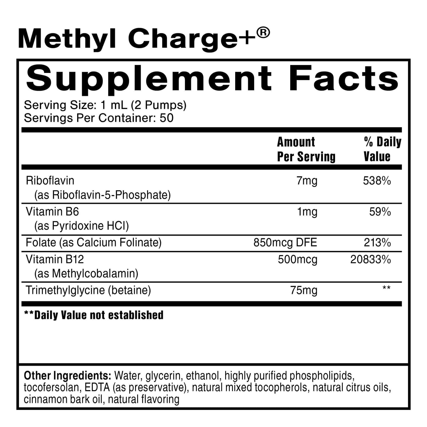 Supplement facts label for Methyl Charge+ showing ingredients and nutritional information for Nanoemulsified Methylation Support.