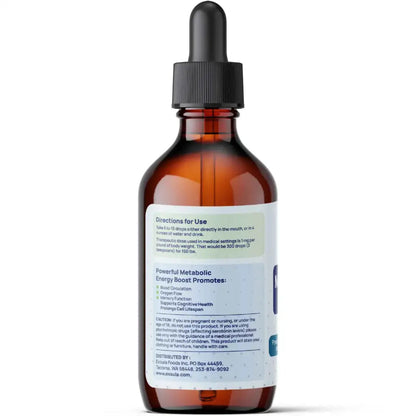 Amber glass dropper bottle with a label on a white background