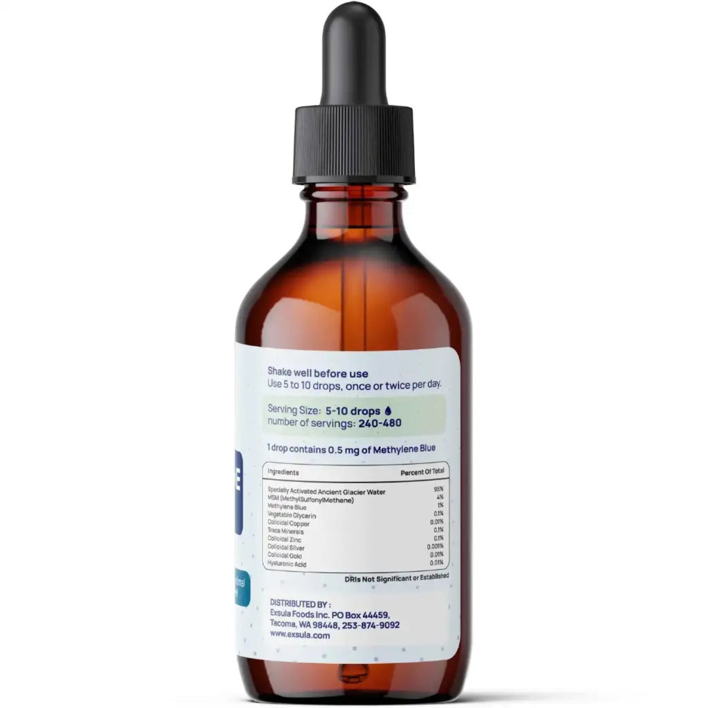 Brown glass dropper bottle with a label on a white background