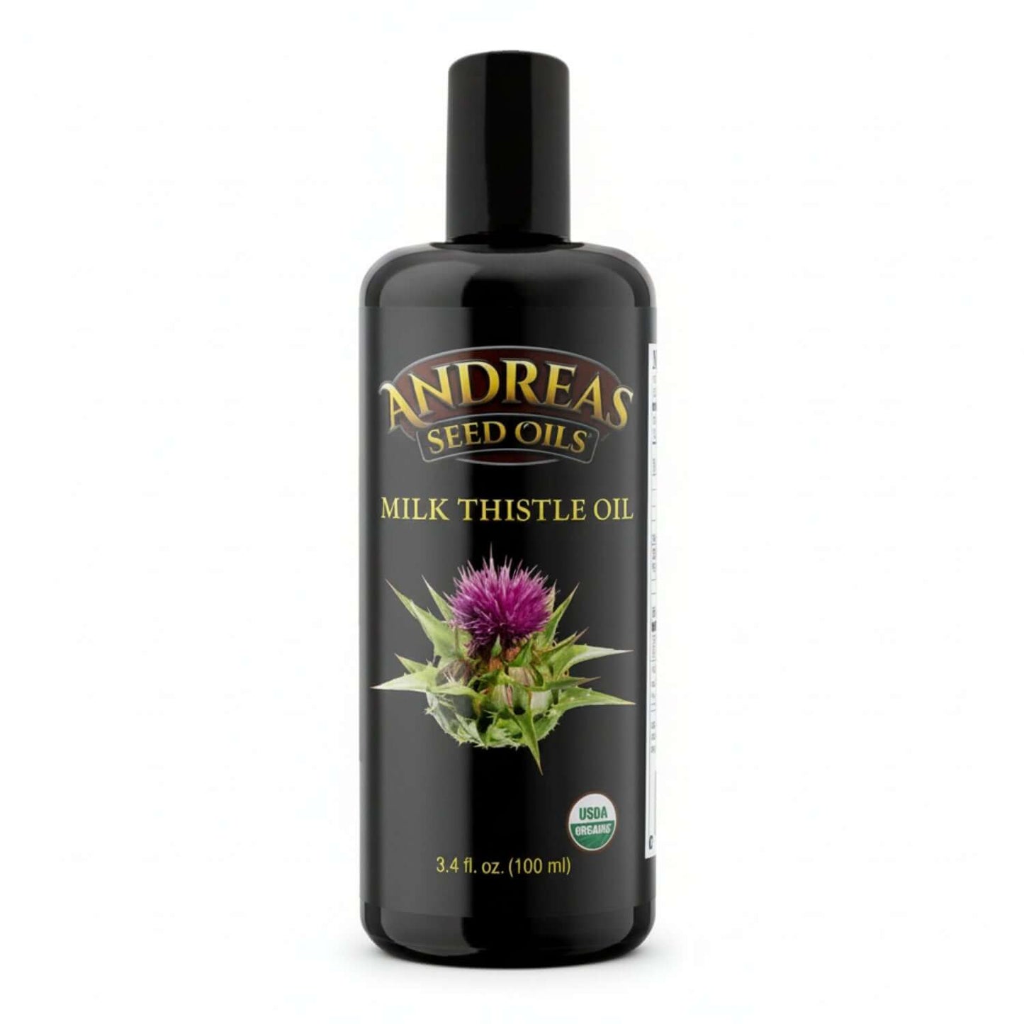 Andreas Seed Oils Milk Thistle Oil bottle, Organic Liver Support, 3.4 fl oz, certified organic ingredients.