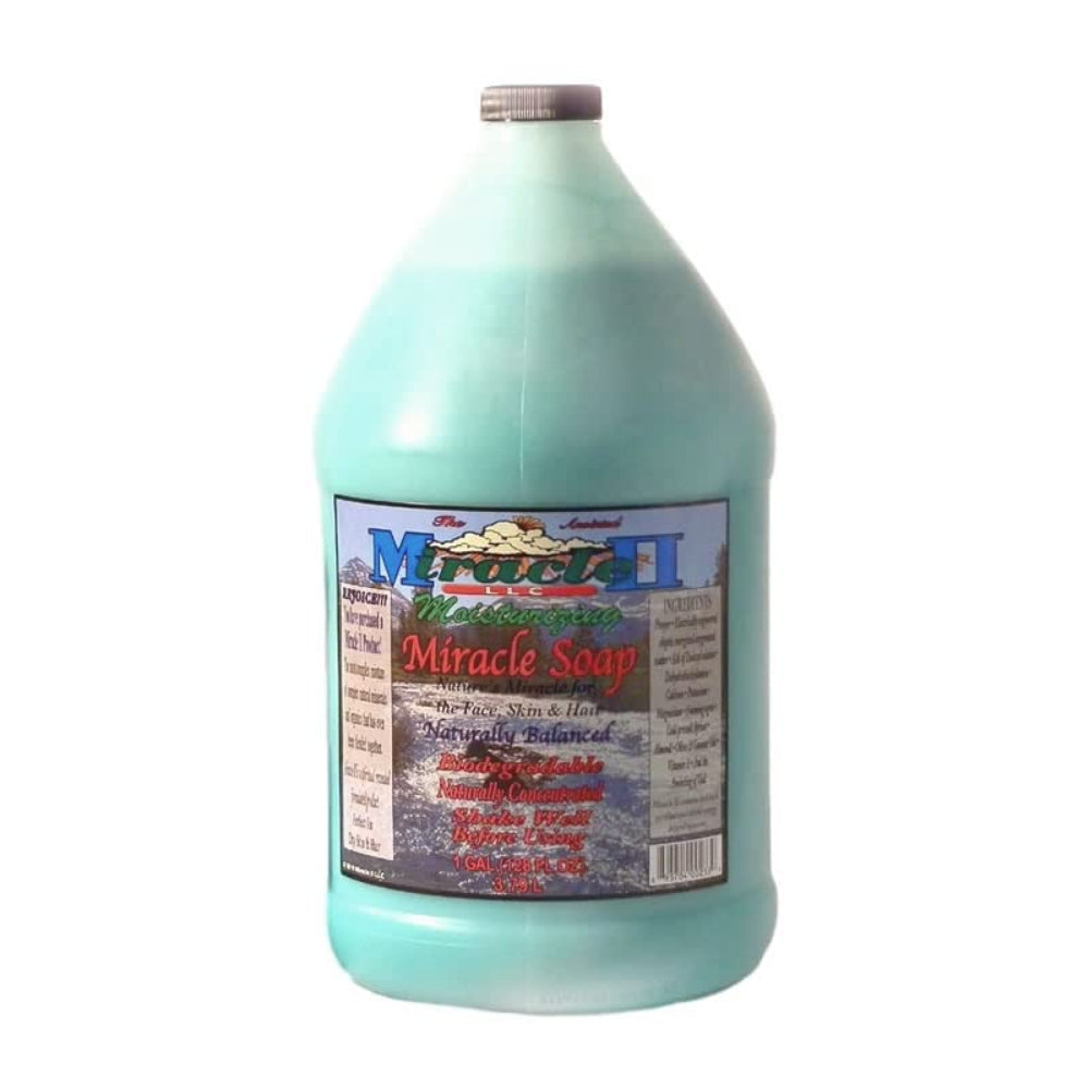 Gallon bottle of Miracle Soap with a label on a white background