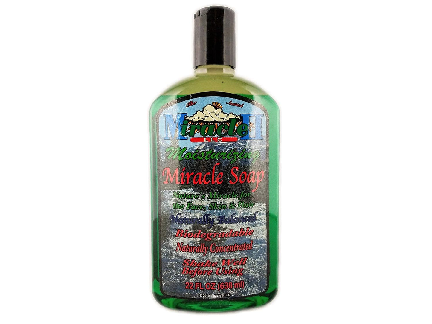 Bottle of Miracle Soap with label on a white background