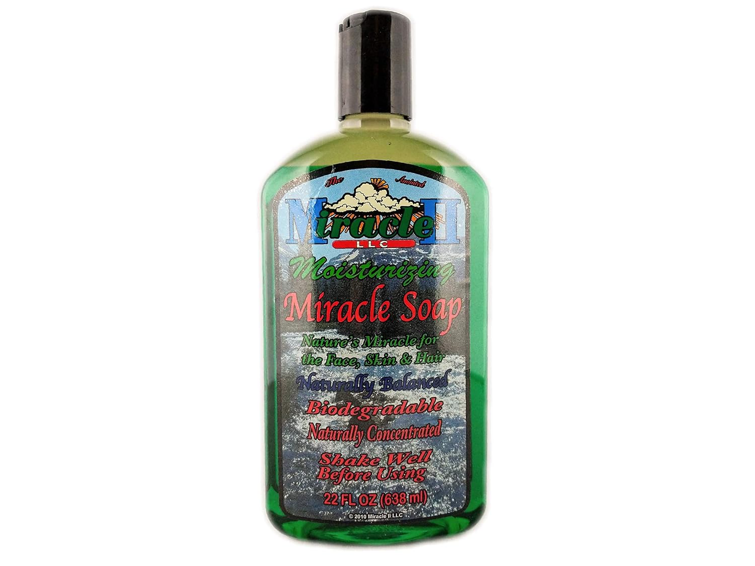 Bottle of Miracle Soap with label on a white background