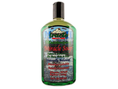 Bottle of Miracle Soap with label on a white background