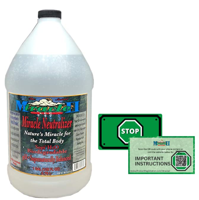 Gallon bottle of Miracle II Miracle Neutralizer with a stop sign and instruction card on a white background