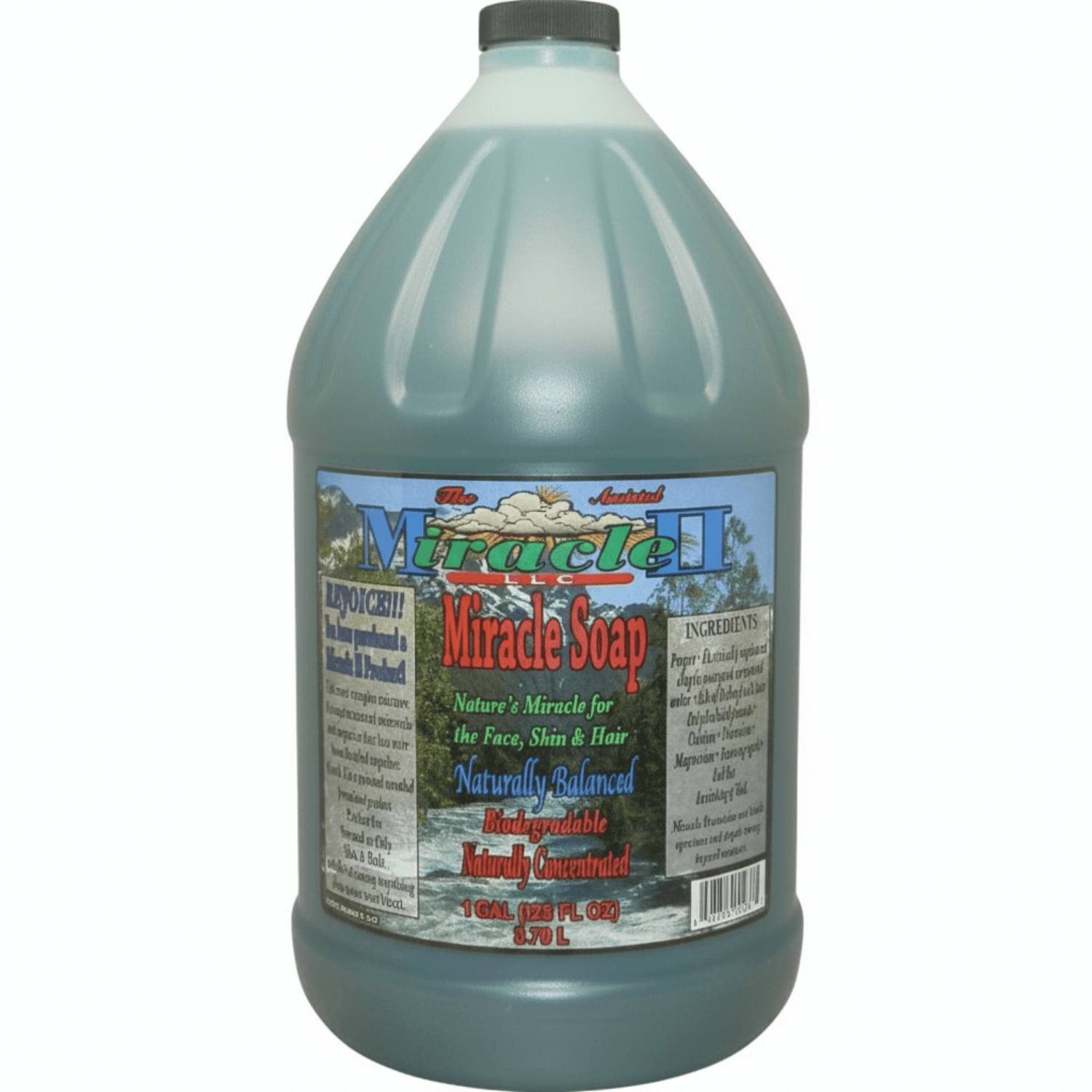 Gallon bottle of Miracle Soap for Organic Skin Cleansing and Detox.