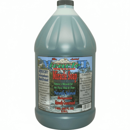 Gallon bottle of Miracle Soap for Organic Skin Cleansing and Detox.