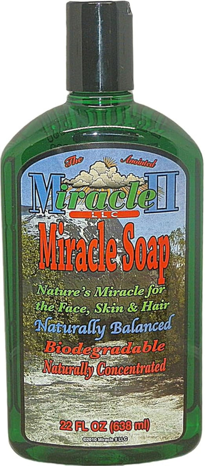 Miracle Soap 22-ounce bottle with green plastic packaging and colorful label featuring nature imagery and text.
