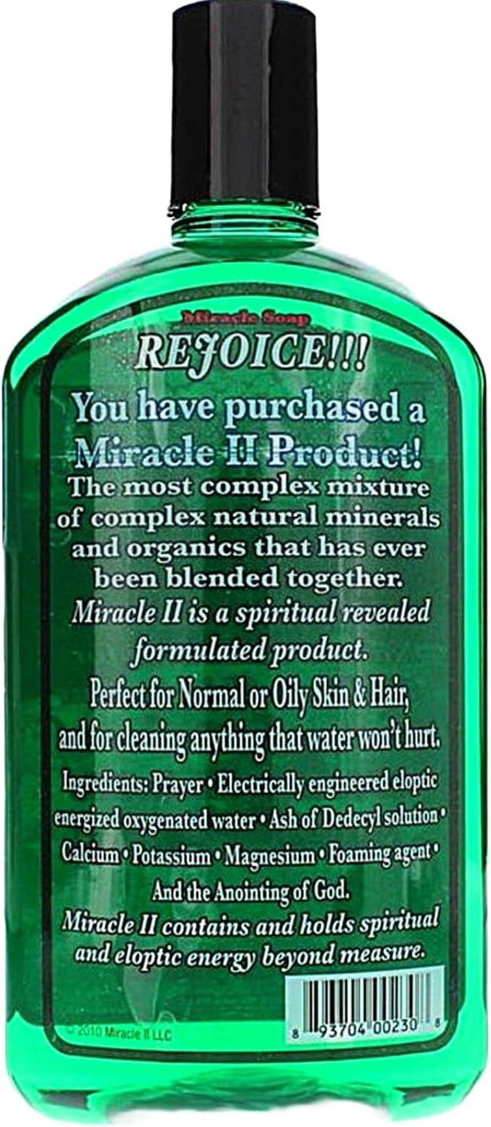 Miracle Soap bottle with a green label, displaying usage instructions and ingredients on the back side.