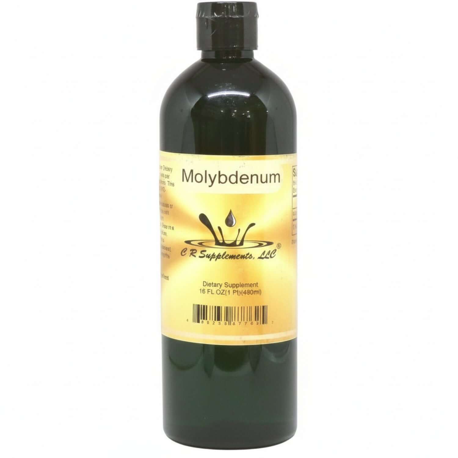 Molybdenum Ionic Liquid Mineral supplement bottle for detoxification and pH balance, 16 oz by CR Supplements.